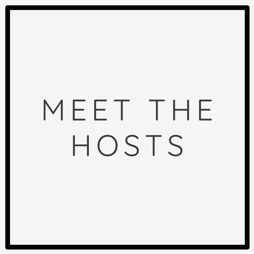 Square graphic with a black square outline and "meet the hosts" in the center